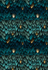 Fireglow Feathers Galaxy Metallic quilting cotton featuring layered teal, turquoise, and deep blue feathers with shimmering metallic gold accents by Sarah Watts for Ruby Star Society and Moda Fabrics.