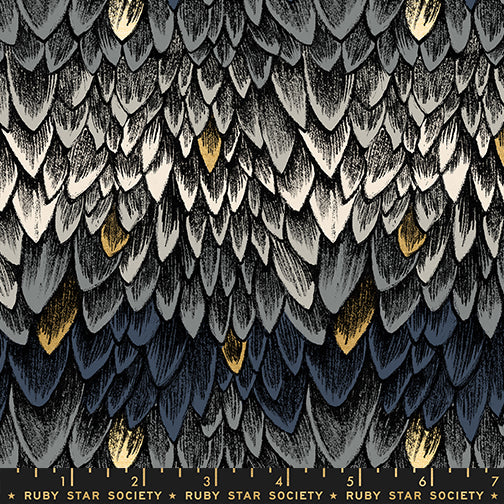 Fireglow Feathers Smoke Metallic quilting cotton featuring layered gray, charcoal, ivory, and navy feathers with shimmering metallic gold accents by Sarah Watts for Ruby Star Society and Moda Fabrics.
