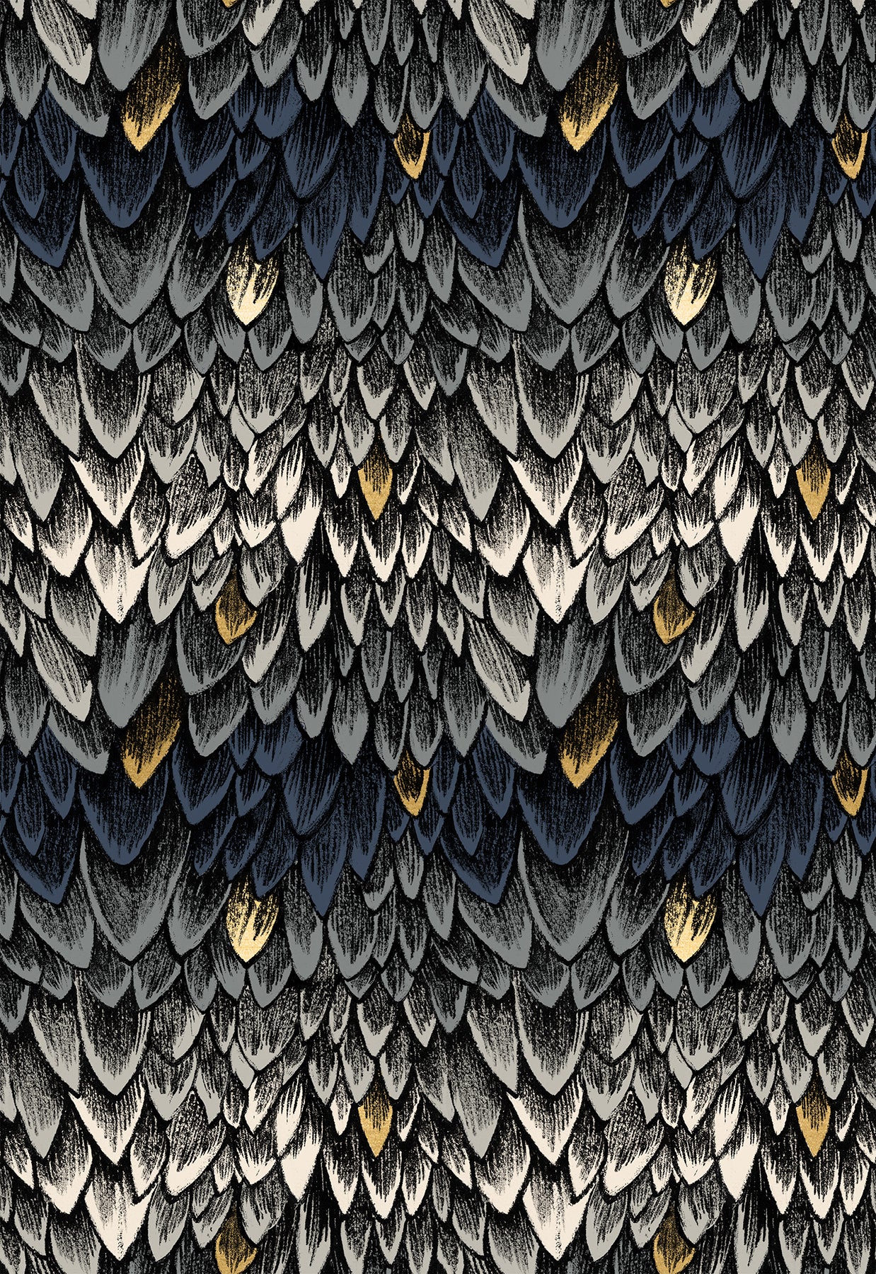 Fireglow Feathers Smoke Metallic quilting cotton featuring layered gray, charcoal, ivory, and navy feathers with shimmering metallic gold accents by Sarah Watts for Ruby Star Society and Moda Fabrics.