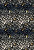 Fireglow Feathers Smoke Metallic quilting cotton featuring layered gray, charcoal, ivory, and navy feathers with shimmering metallic gold accents by Sarah Watts for Ruby Star Society and Moda Fabrics.