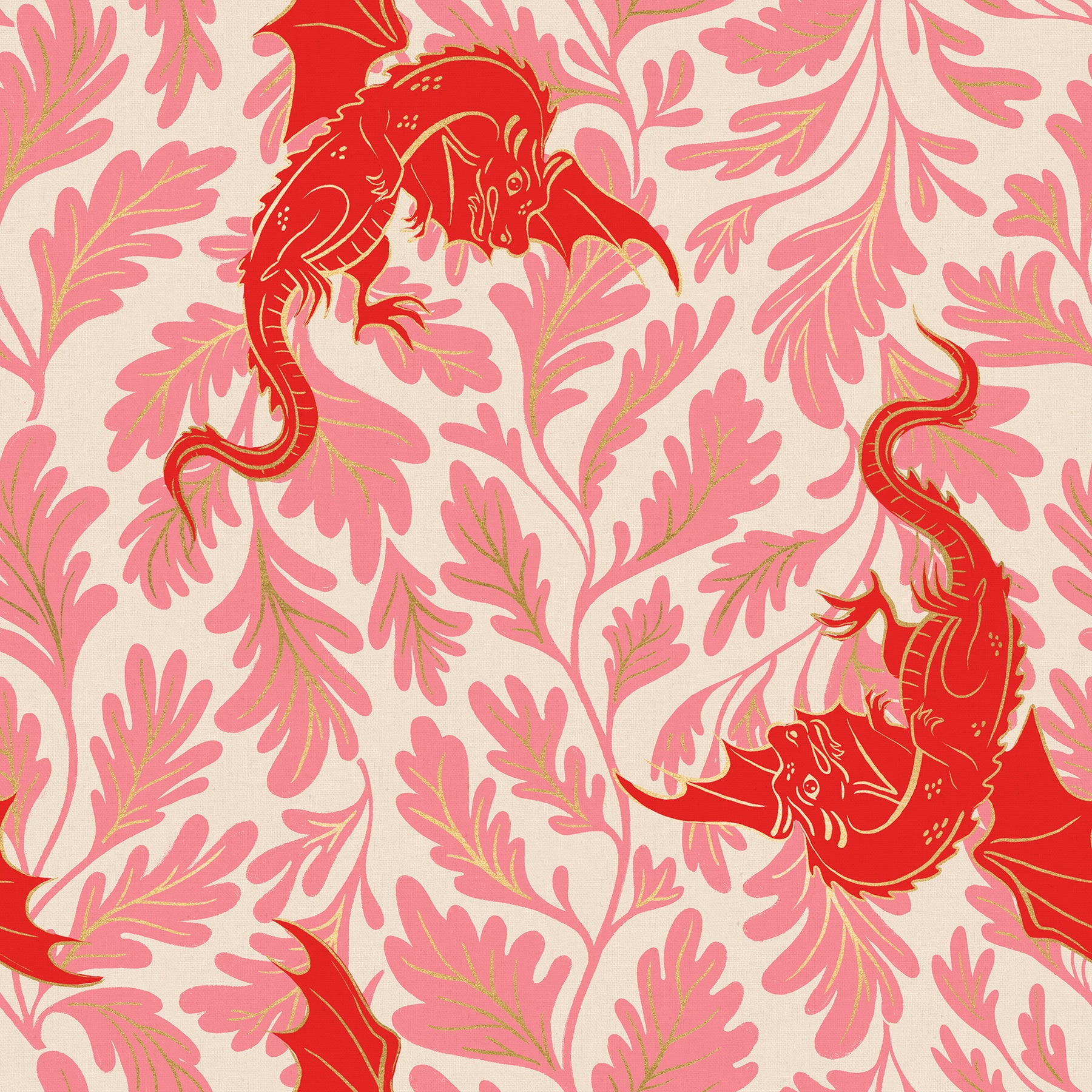 Fireglow Dragon Lair Dark Ruby Metallic cotton canvas featuring vibrant ruby red dragons, blush pink botanical foliage, and metallic gold accents by Sarah Watts for Ruby Star Society and Moda Fabrics.