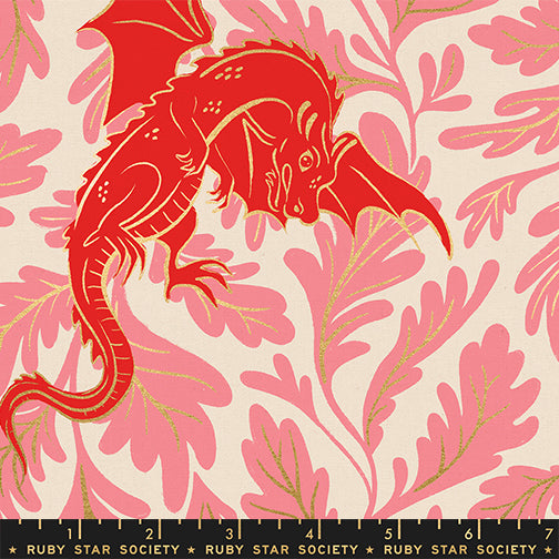 Fireglow Dragon Lair Dark Ruby Metallic cotton canvas featuring vibrant ruby red dragons, blush pink botanical foliage, and metallic gold accents by Sarah Watts for Ruby Star Society and Moda Fabrics.