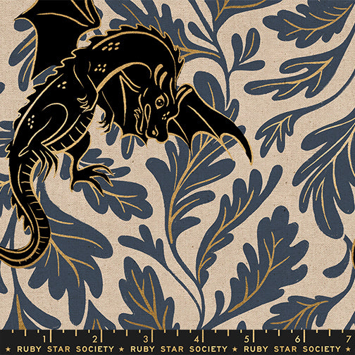 Fireglow Dragon Lair Smoke Metallic cotton canvas featuring black dragons, smoky blue botanical foliage, and metallic gold accents on a natural canvas background by Sarah Watts for Ruby Star Society and Moda Fabrics.