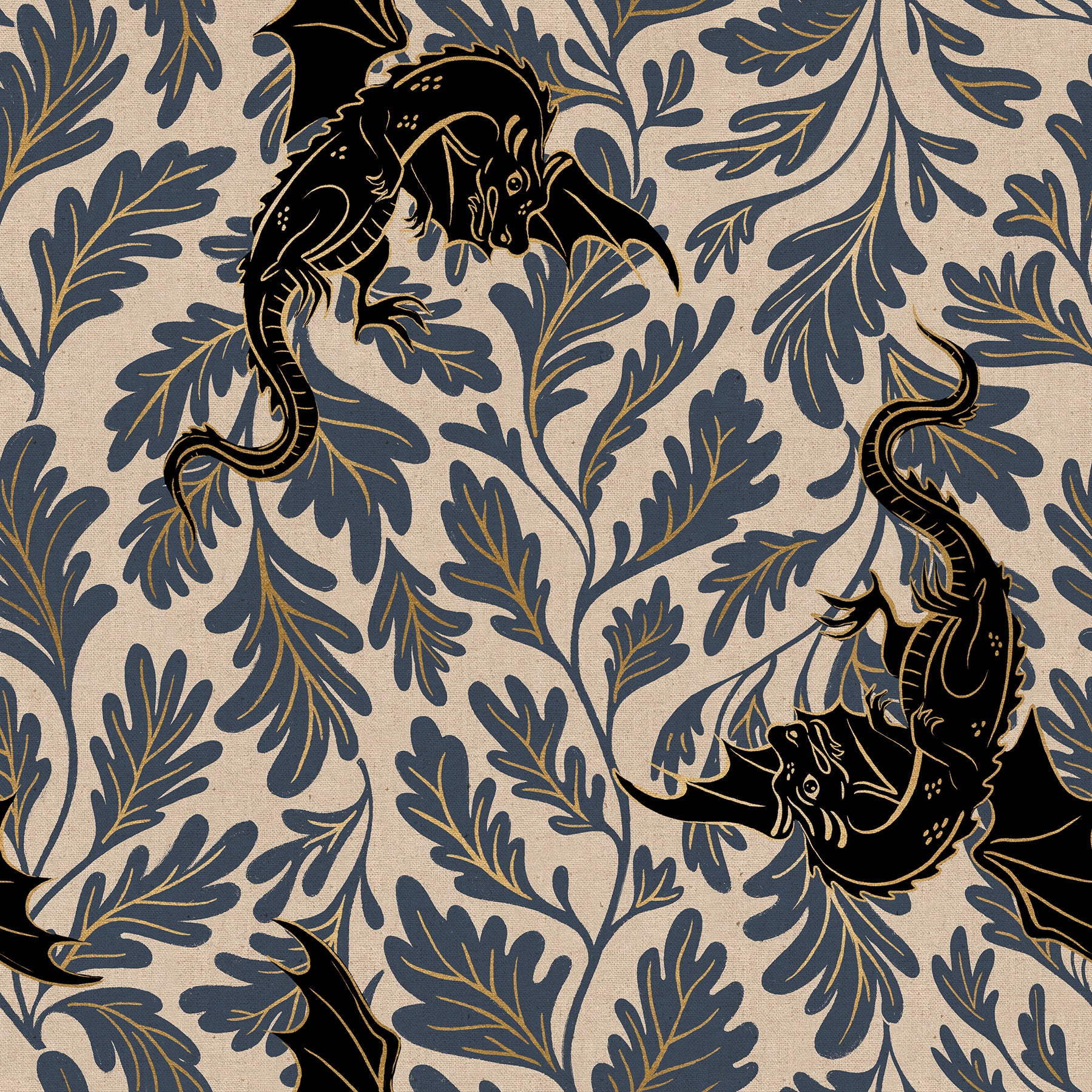 Fireglow Dragon Lair Smoke Metallic cotton canvas featuring black dragons, smoky blue botanical foliage, and metallic gold accents on a natural canvas background by Sarah Watts for Ruby Star Society and Moda Fabrics.