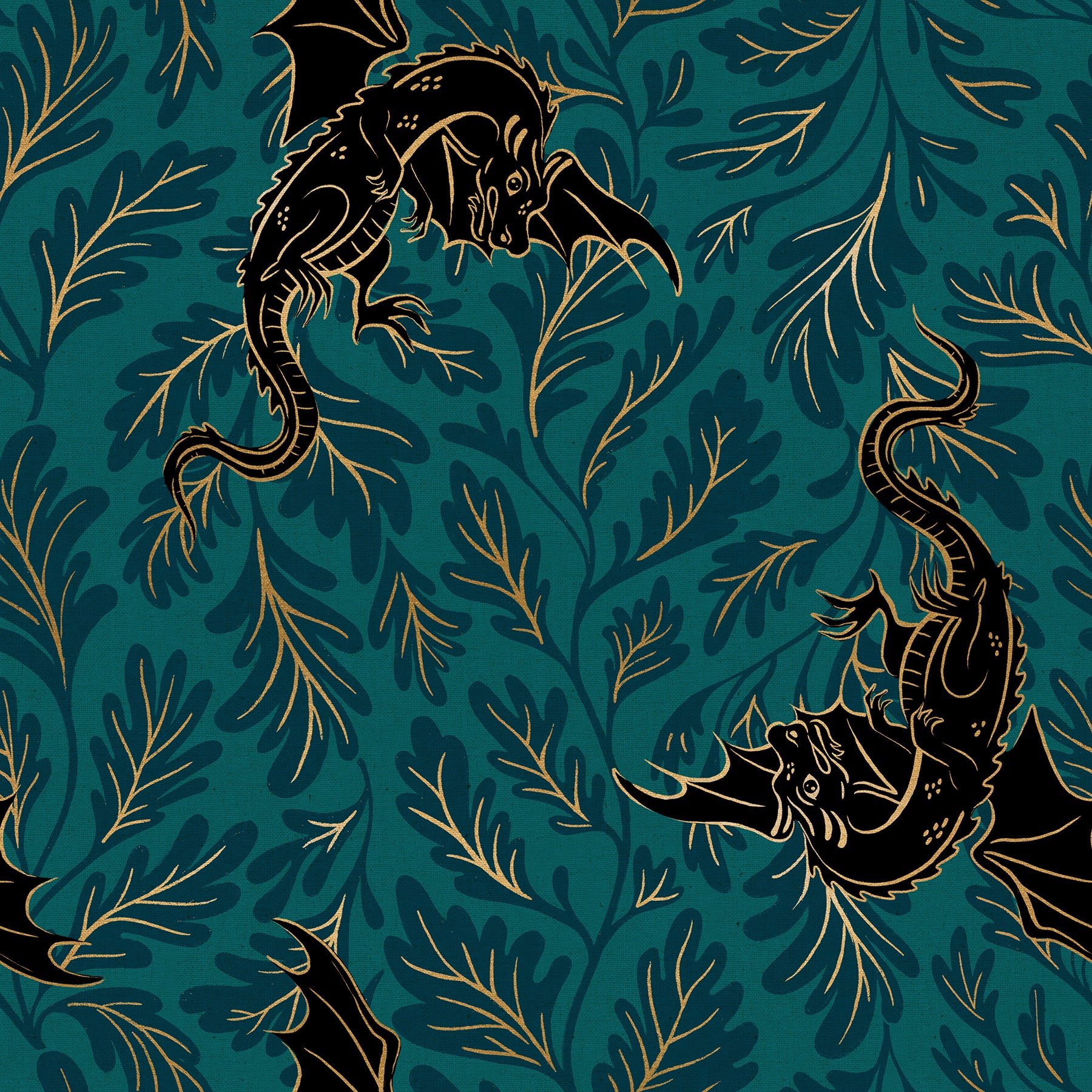 Fireglow Dragon Lair Galaxy Metallic cotton canvas featuring black dragons, teal botanical foliage, and metallic gold accents on a rich galaxy teal background by Sarah Watts for Ruby Star Society and Moda Fabrics.