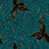 Fireglow Dragon Lair Galaxy Metallic cotton canvas featuring black dragons, teal botanical foliage, and metallic gold accents on a rich galaxy teal background by Sarah Watts for Ruby Star Society and Moda Fabrics.