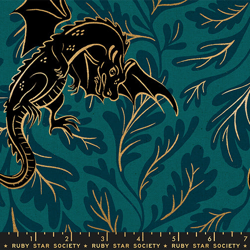 Fireglow Dragon Lair Galaxy Metallic cotton canvas featuring black dragons, teal botanical foliage, and metallic gold accents on a rich galaxy teal background by Sarah Watts for Ruby Star Society and Moda Fabrics.