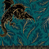 Fireglow Dragon Lair Galaxy Metallic cotton canvas featuring black dragons, teal botanical foliage, and metallic gold accents on a rich galaxy teal background by Sarah Watts for Ruby Star Society and Moda Fabrics.