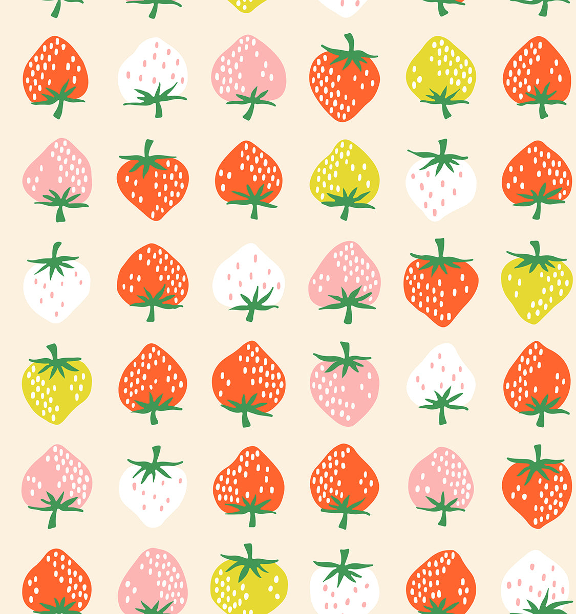 Strawberry Retro Kitsch Shell fabric by Kimberly Kight for Ruby Star Society and Moda Fabrics featuring colorful retro strawberries on a soft shell cream premium cotton background.
