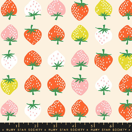 Strawberry Retro Kitsch Shell fabric by Kimberly Kight for Ruby Star Society and Moda Fabrics featuring colorful retro strawberries on a soft shell cream premium cotton background.