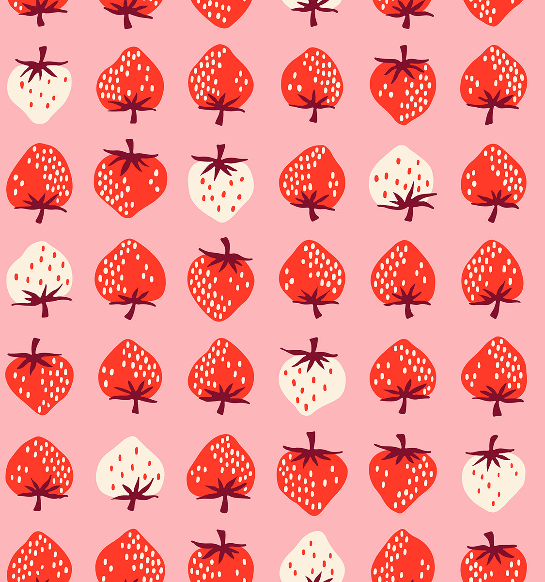 Strawberry Retro Kitsch Balmy fabric by Kimberly Kight for Ruby Star Society and Moda Fabrics featuring red, blush, and cream strawberries on a soft pink premium cotton background.
