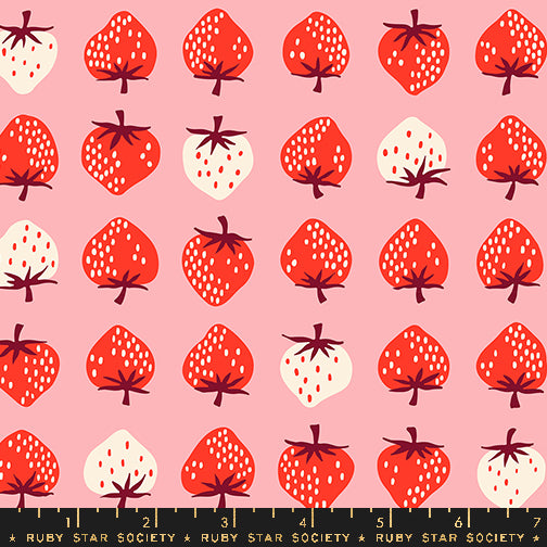 Strawberry Retro Kitsch Balmy fabric by Kimberly Kight for Ruby Star Society and Moda Fabrics featuring red, blush, and cream strawberries on a soft pink premium cotton background.
