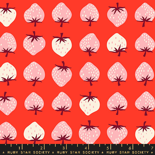 Strawberry Retro Kitsch Lollipop fabric by Kimberly Kight for Ruby Star Society and Moda Fabrics featuring blush pink and cream strawberries on a vibrant coral-red premium cotton background.