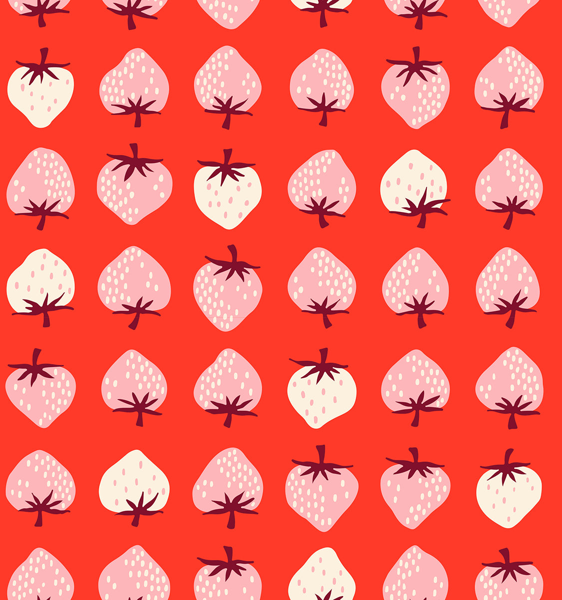 Strawberry Retro Kitsch Lollipop fabric by Kimberly Kight for Ruby Star Society and Moda Fabrics featuring blush pink and cream strawberries on a vibrant coral-red premium cotton background.
