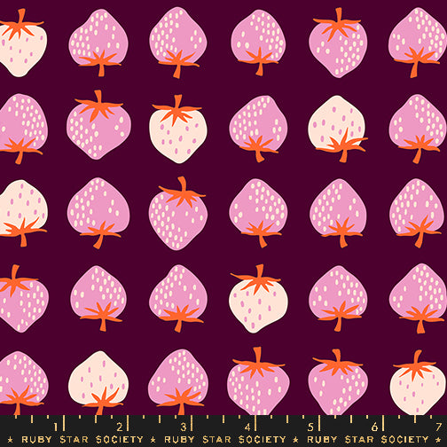 Strawberry Retro Kitsch Deep Plum fabric by Kimberly Kight for Ruby Star Society and Moda Fabrics featuring whimsical blush pink and cream strawberries on a rich deep plum premium cotton background.