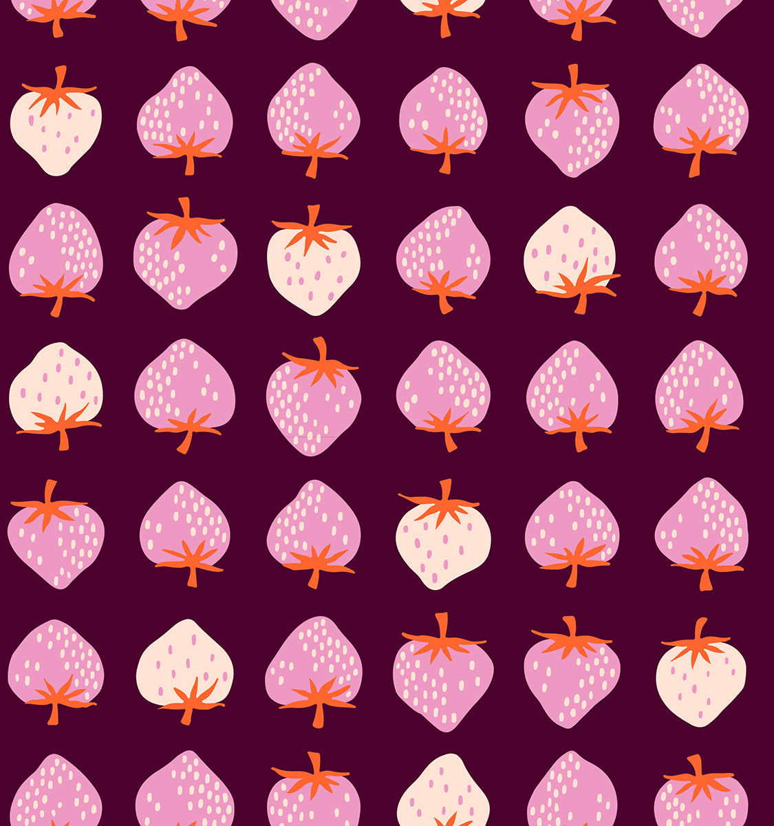 Strawberry Retro Kitsch Deep Plum fabric by Kimberly Kight for Ruby Star Society and Moda Fabrics featuring whimsical blush pink and cream strawberries on a rich deep plum premium cotton background.
