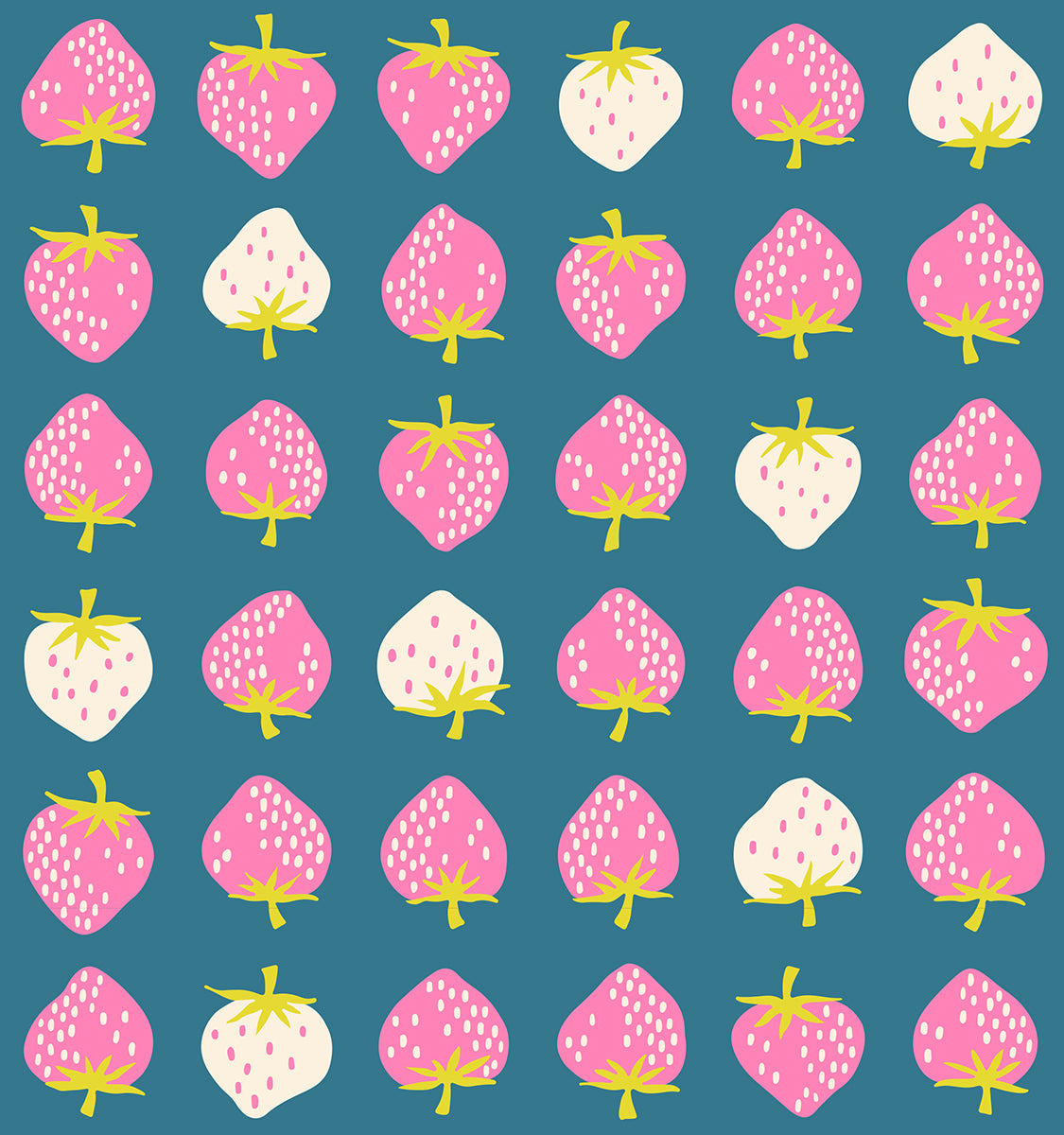 Strawberry Retro Kitsch Storytime fabric by Kimberly Kight for Ruby Star Society and Moda Fabrics featuring bright pink and cream strawberries on a teal blue premium cotton background.