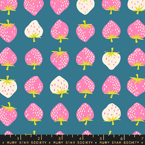 Strawberry Retro Kitsch Storytime fabric by Kimberly Kight for Ruby Star Society and Moda Fabrics featuring bright pink and cream strawberries on a teal blue premium cotton background.
