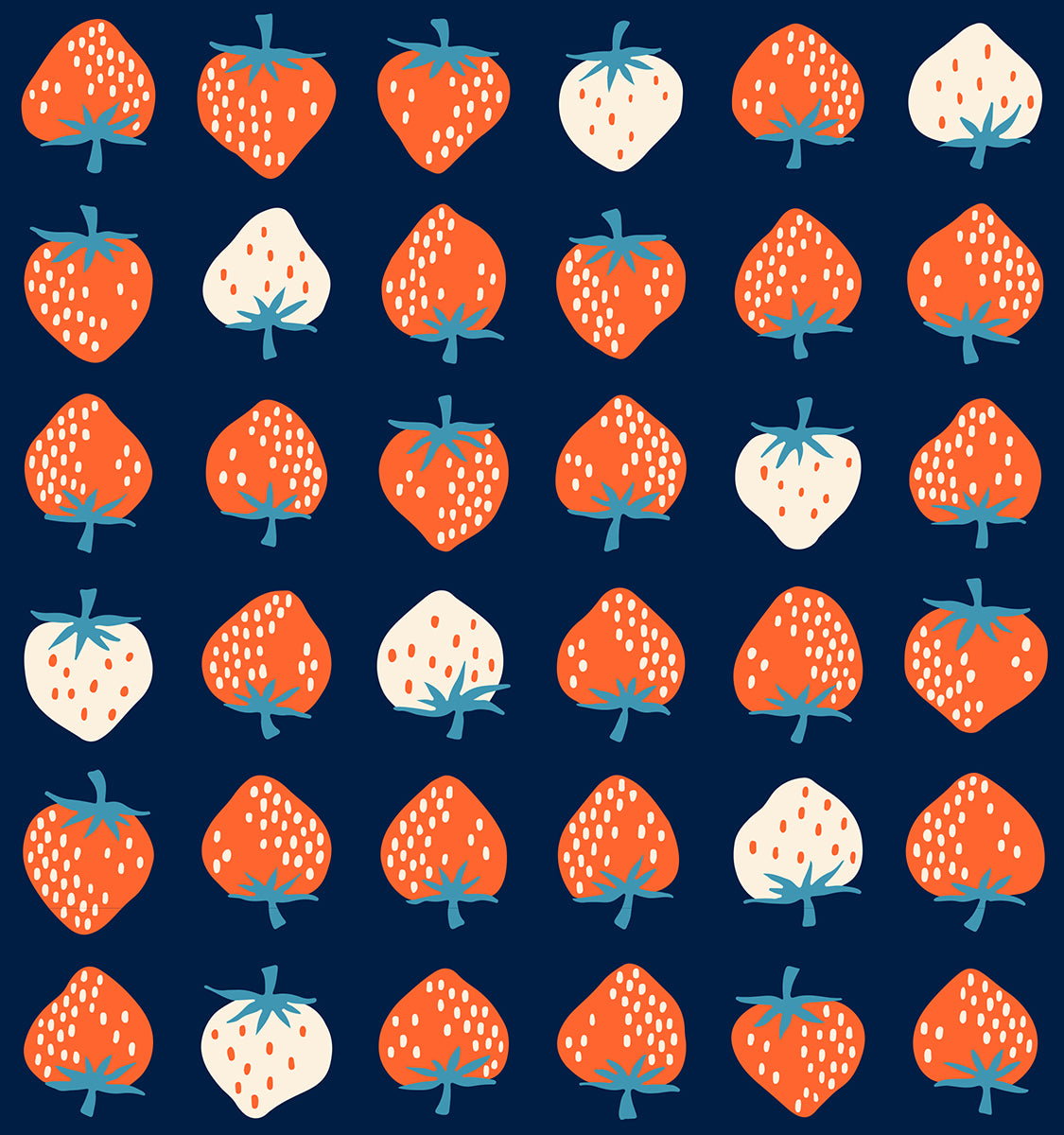 Modern strawberry print fabric with coral and cream strawberries on navy background by Kimberly Kight for Ruby Star Society