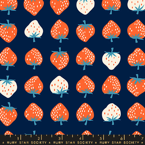 Modern strawberry print fabric with coral and cream strawberries on navy background by Kimberly Kight for Ruby Star Society