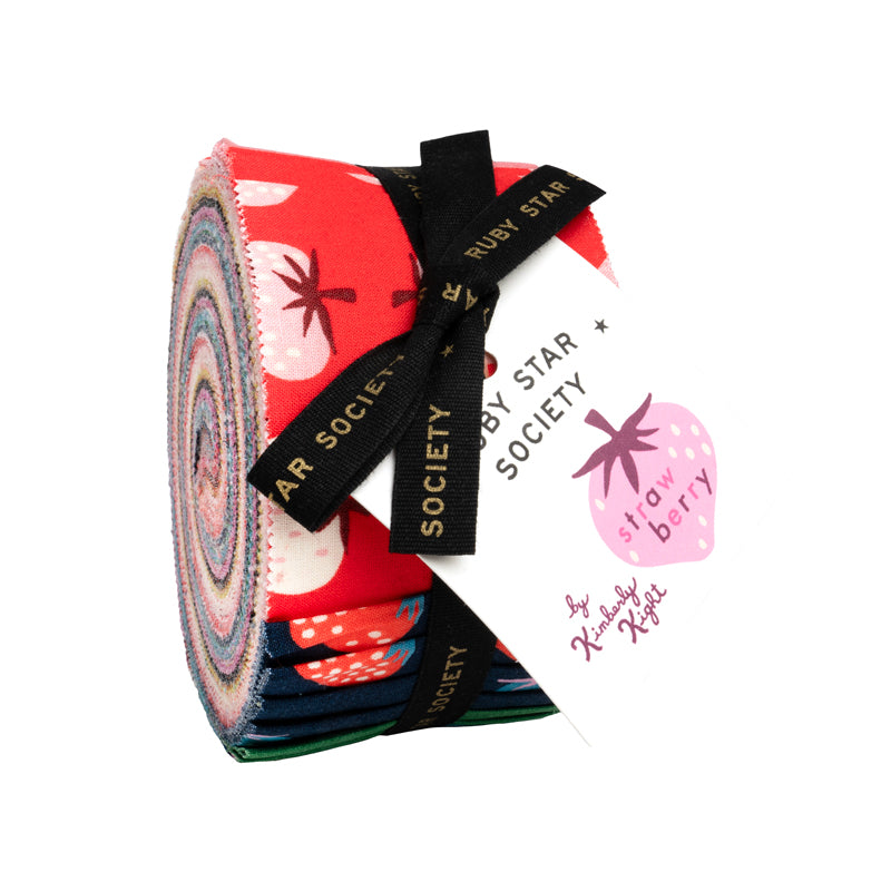 Strawberry Jelly Roll by Kimberly Kight for Ruby Star Society Moda Fabrics featuring 40 assorted 2.5-inch cotton fabric strips tied with a Ruby Star Society ribbon.