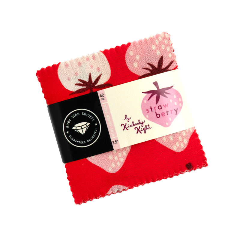 Strawberry Mini Charm Pack by Kimberly Kight for Ruby Star Society Moda Fabrics with 42 assorted 2.5 inch cotton quilting squares.