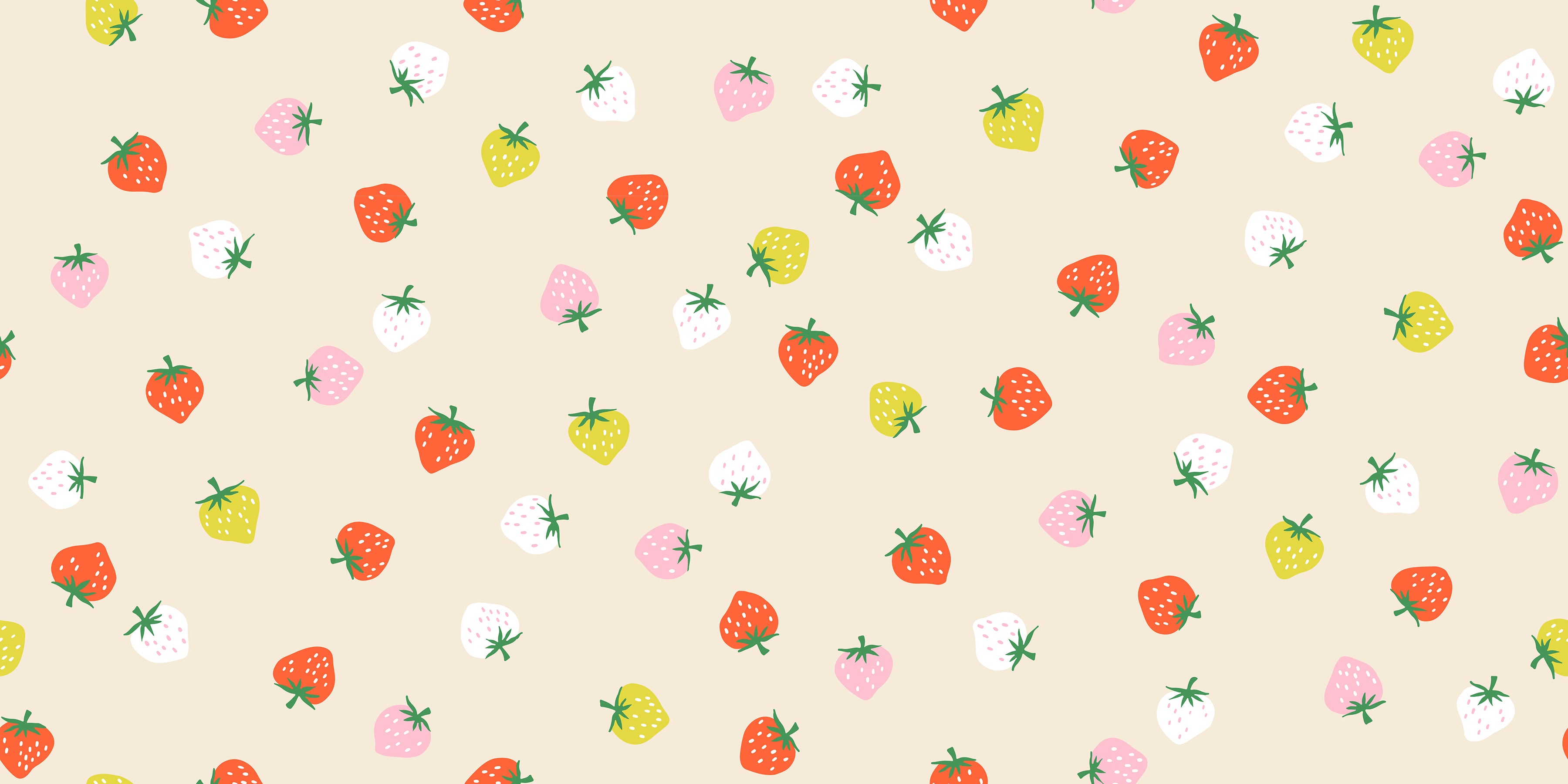 Strawberry Shell fabric by Kimberly Kight for Ruby Star Society and Moda Fabrics featuring tiny scattered coral, pink, white, and yellow strawberries on a soft shell premium cotton background.