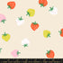 Strawberry Shell fabric by Kimberly Kight for Ruby Star Society and Moda Fabrics featuring tiny scattered coral, pink, white, and yellow strawberries on a soft shell premium cotton background.