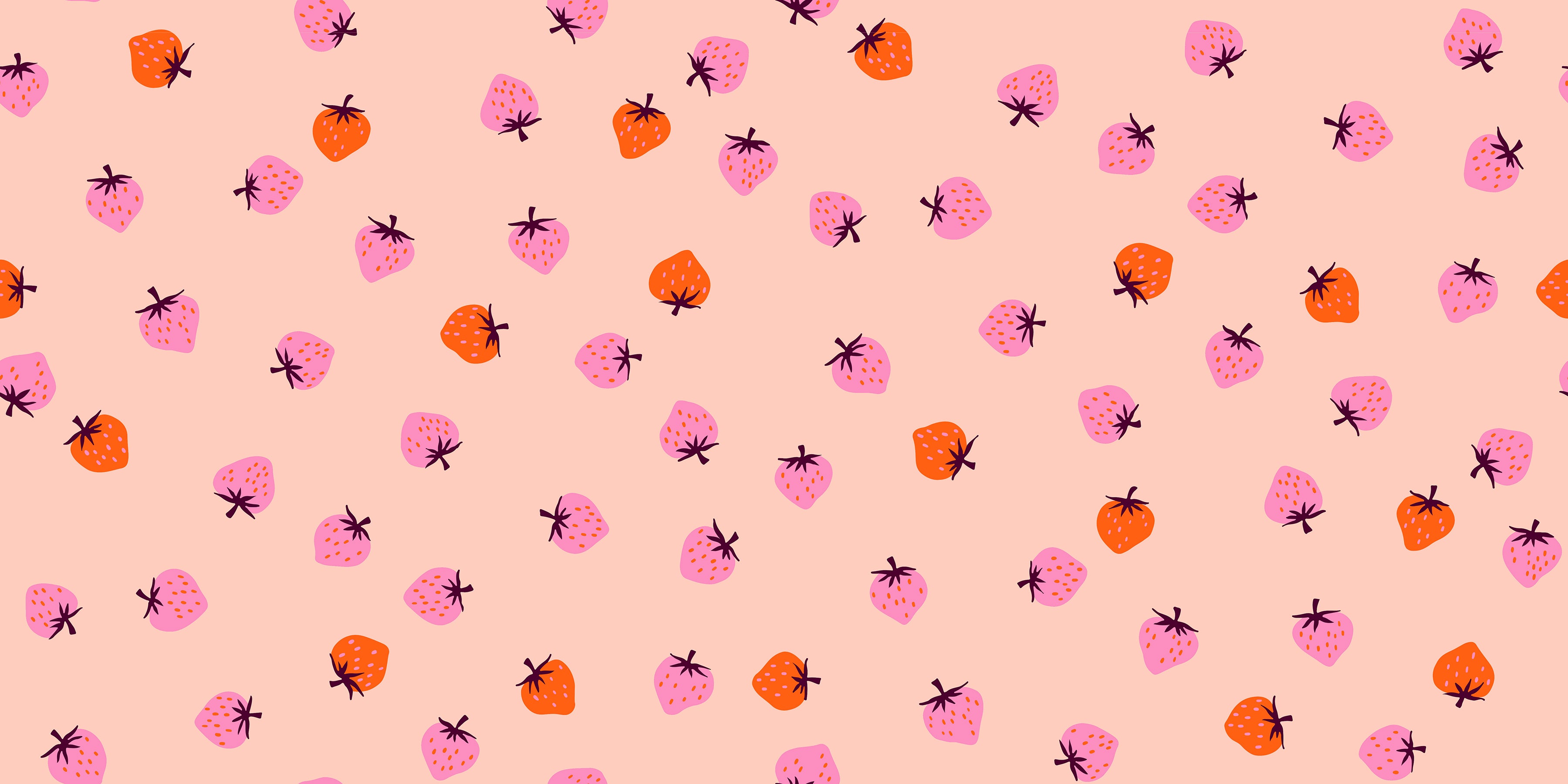 Strawberry Pale Peach fabric by Kimberly Kight for Ruby Star Society and Moda Fabrics featuring scattered coral and pink strawberries on a soft pale peach premium cotton background.