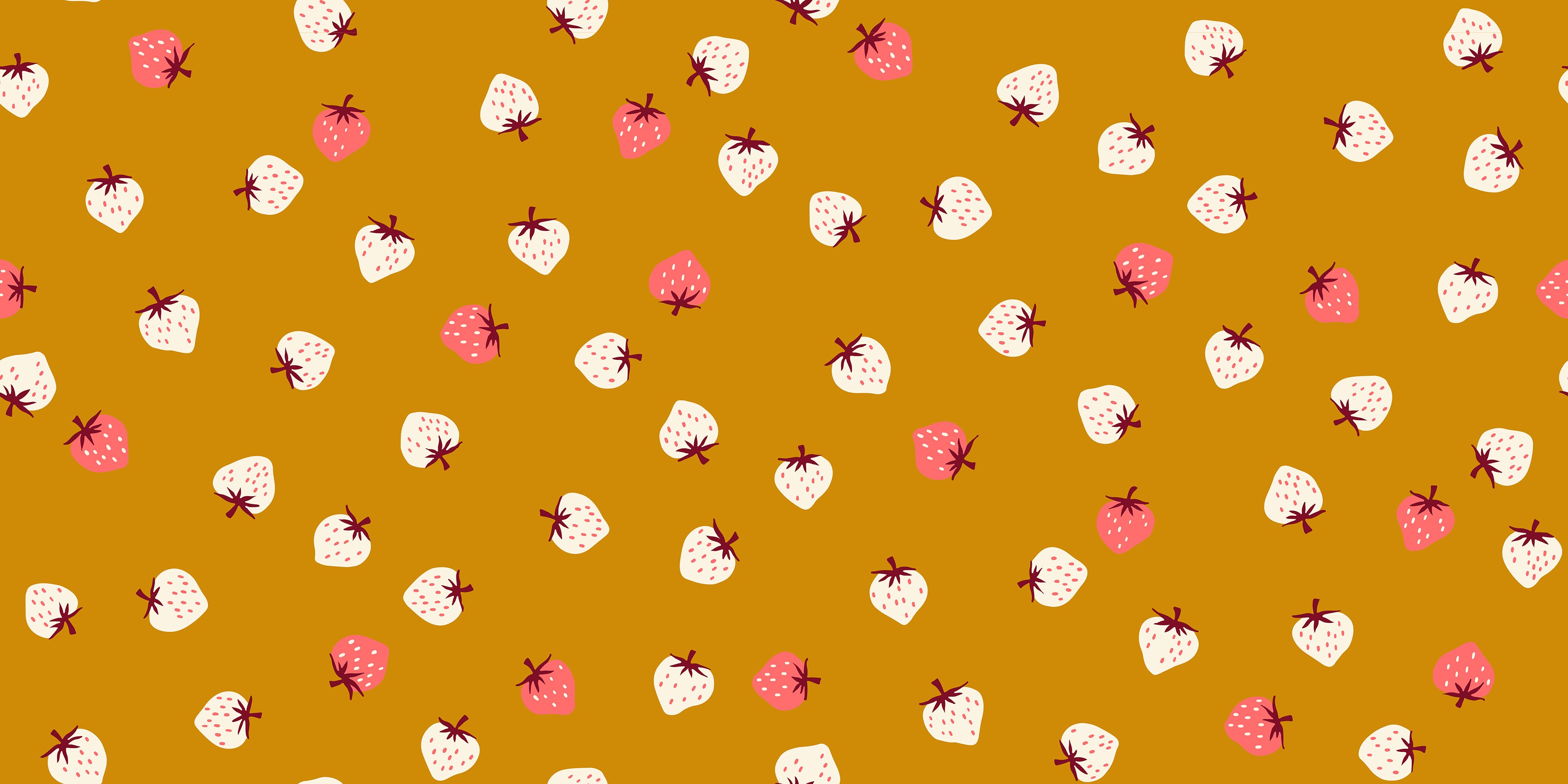 Strawberry Butterscotch fabric by Kimberly Kight for Ruby Star Society and Moda Fabrics featuring scattered cream and pink strawberries on a warm golden butterscotch premium cotton background.