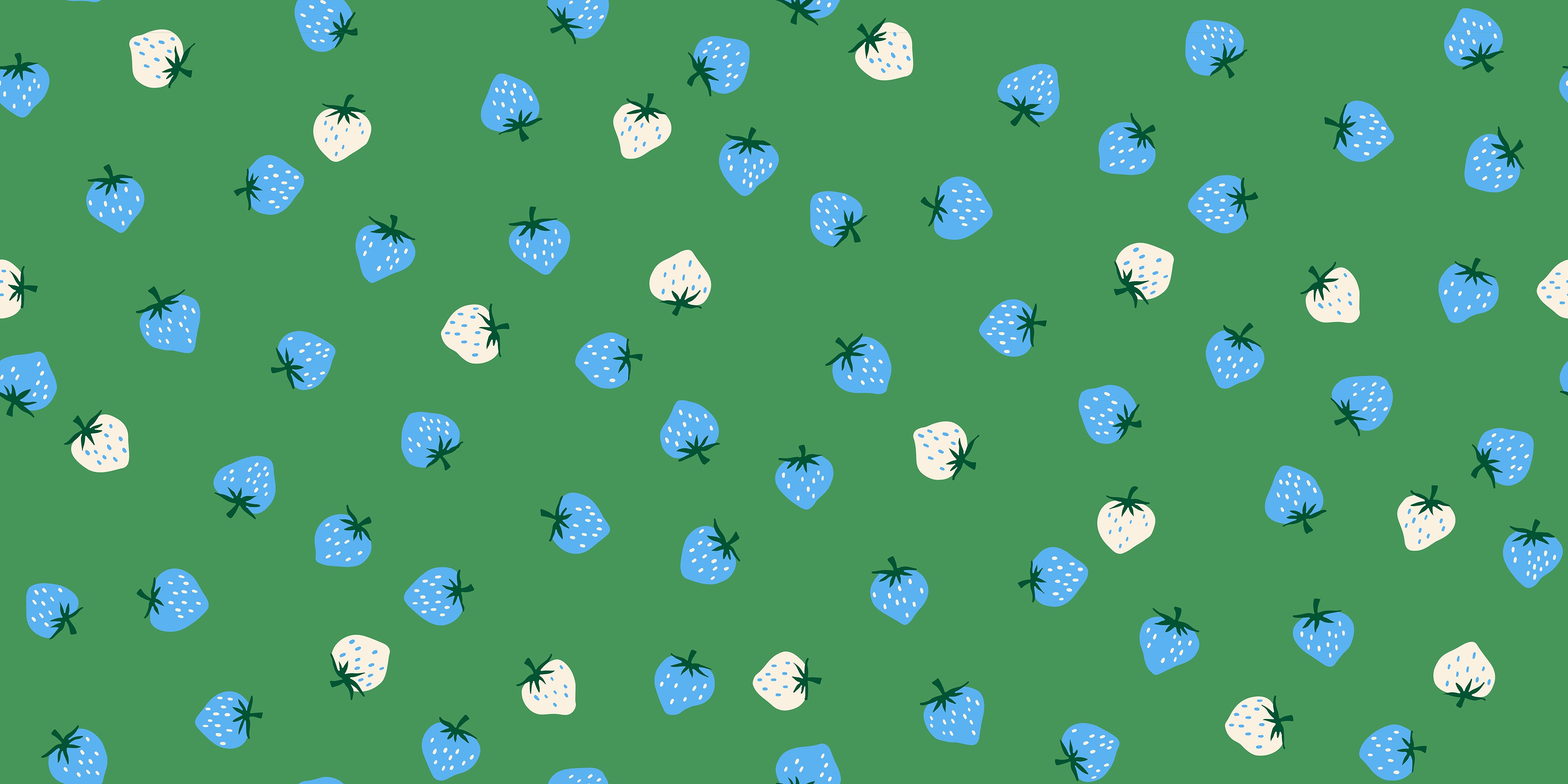 Ruby Star Society Strawberry Broccolini quilting cotton featuring scattered blue and cream strawberries with dark green leaves on a vibrant green background by Kimberly Kight for Moda Fabrics.