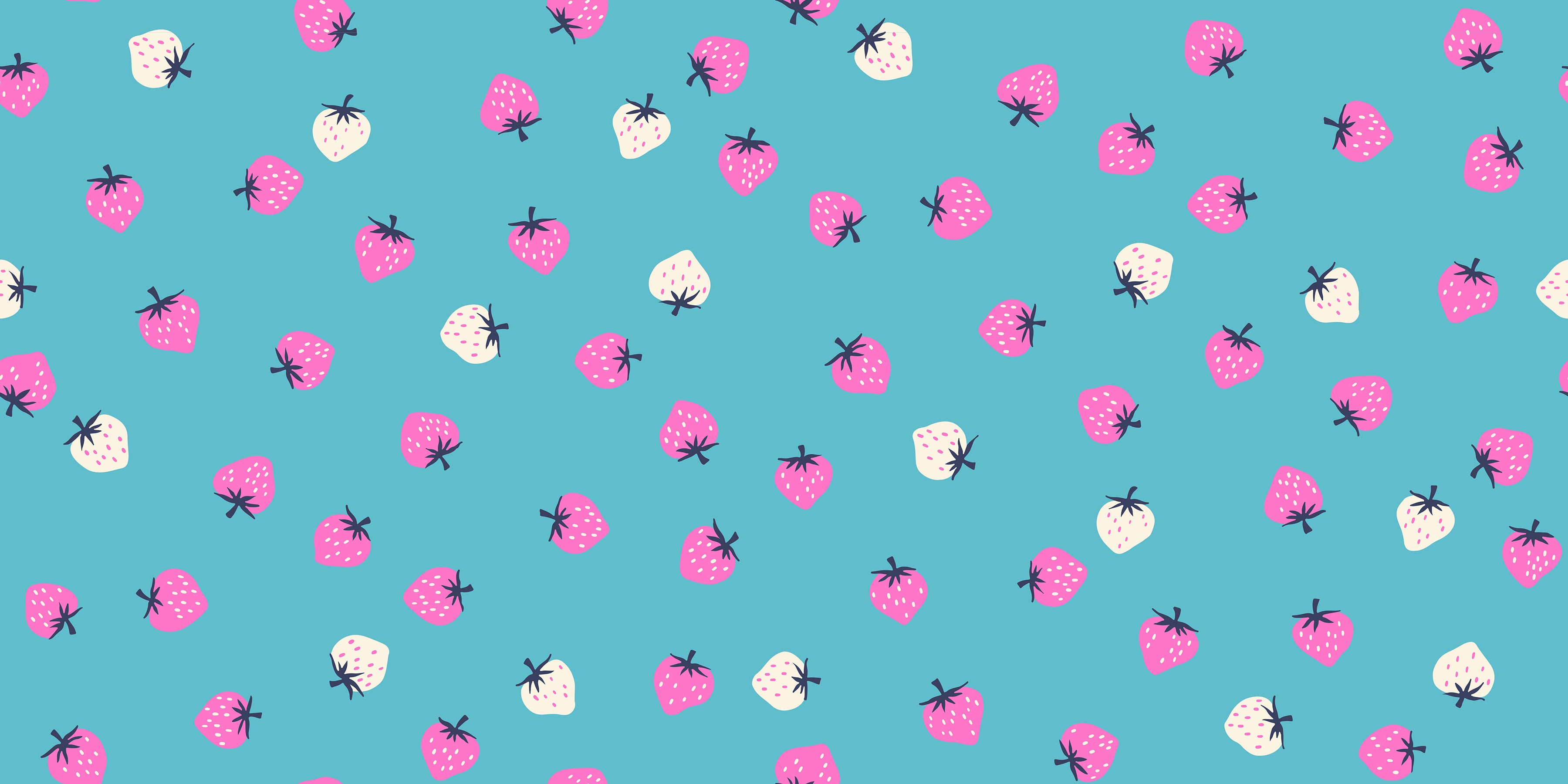 Strawberry Turquoise fabric by Kimberly Kight for Ruby Star Society and Moda Fabrics featuring scattered pink and cream strawberries on a vibrant turquoise premium cotton background.