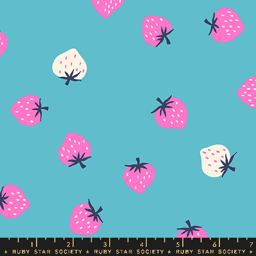 Strawberry Turquoise fabric by Kimberly Kight for Ruby Star Society and Moda Fabrics featuring scattered pink and cream strawberries on a vibrant turquoise premium cotton background.