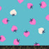 Strawberry Turquoise fabric by Kimberly Kight for Ruby Star Society and Moda Fabrics featuring scattered pink and cream strawberries on a vibrant turquoise premium cotton background.
