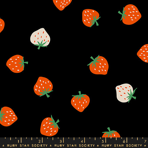 Strawberry Black fabric by Kimberly Kight for Ruby Star Society and Moda Fabrics featuring scattered coral-orange and cream strawberries on a classic black premium cotton background.