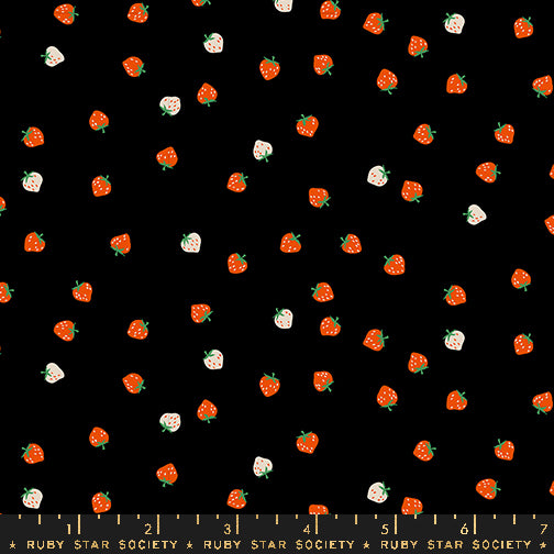 Mini Strawberry Black fabric by Kimberly Kight for Ruby Star Society and Moda Fabrics featuring tiny scattered coral-orange and cream strawberries on a classic black premium cotton background.