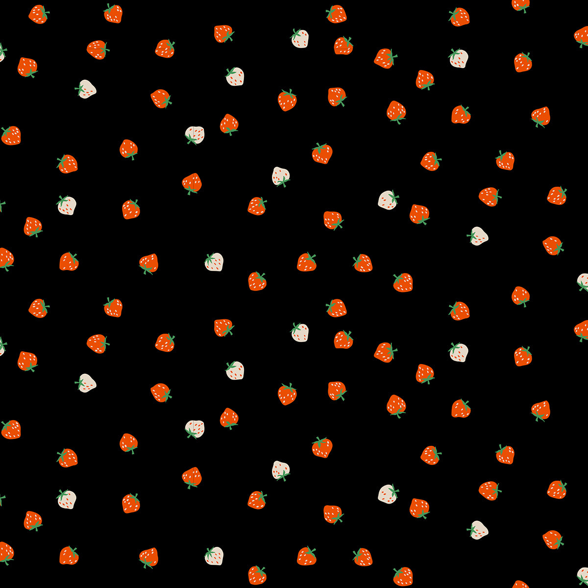 Mini Strawberry Black fabric by Kimberly Kight for Ruby Star Society and Moda Fabrics featuring tiny scattered coral-orange and cream strawberries on a classic black premium cotton background.