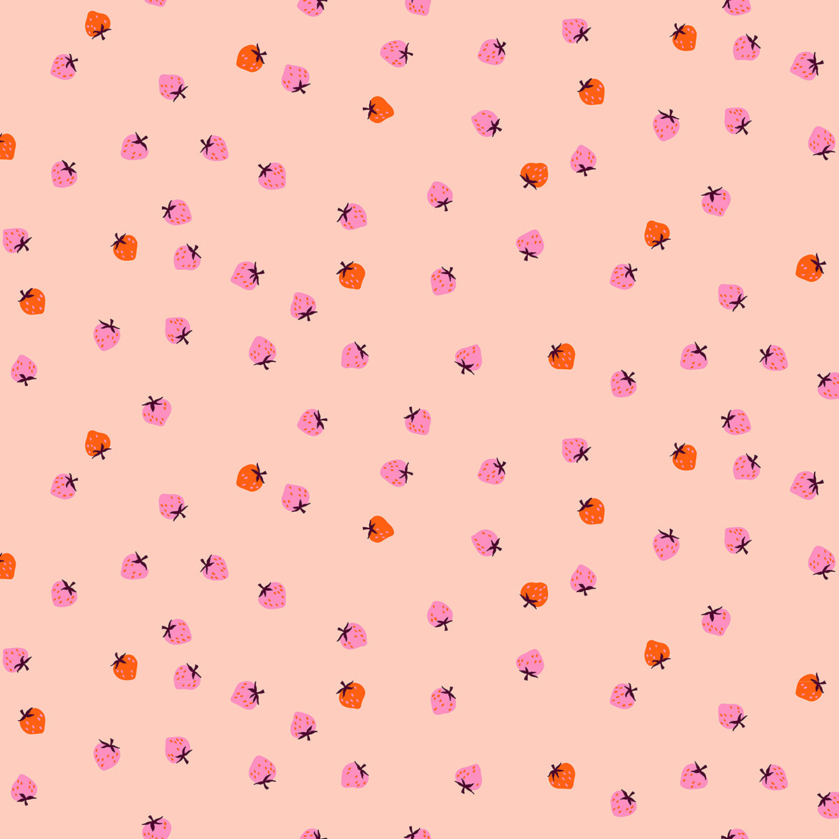 Mini Strawberry Pale Peach fabric by Kimberly Kight for Ruby Star Society and Moda Fabrics featuring tiny scattered coral-orange and pink strawberries on a soft pale peach premium cotton background.