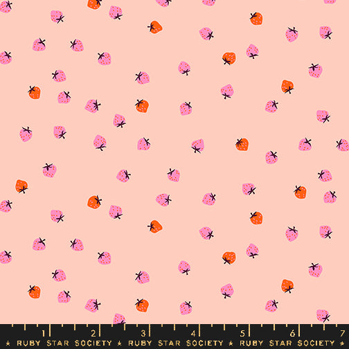 Mini Strawberry Pale Peach fabric by Kimberly Kight for Ruby Star Society and Moda Fabrics featuring tiny scattered coral-orange and pink strawberries on a soft pale peach premium cotton background.
