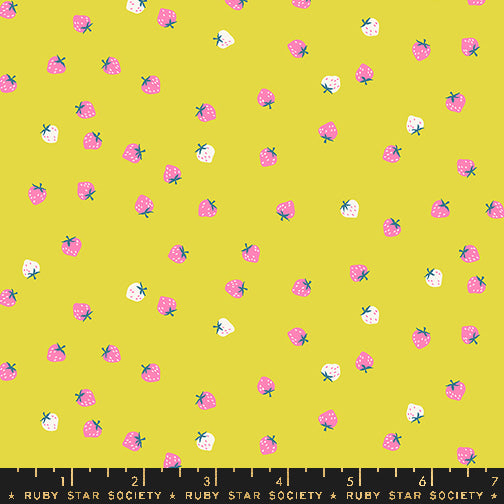 Mini Strawberry Citron fabric by Kimberly Kight for Ruby Star Society and Moda Fabrics featuring tiny pink and cream strawberries scattered across a vibrant citron premium cotton background.