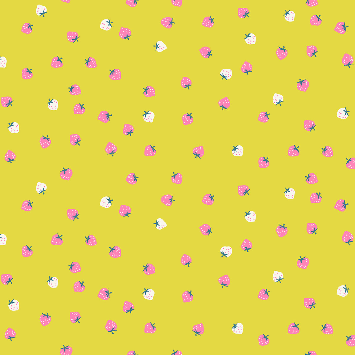 Mini Strawberry Citron fabric by Kimberly Kight for Ruby Star Society and Moda Fabrics featuring tiny pink and cream strawberries scattered across a vibrant citron premium cotton background.