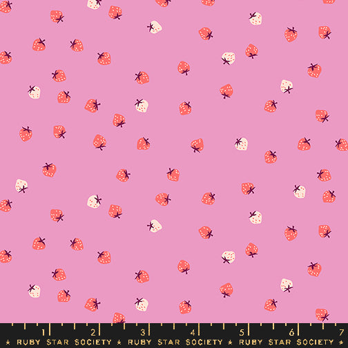 Mini Strawberry Daisy fabric by Kimberly Kight for Ruby Star Society and Moda Fabrics featuring tiny scattered coral-orange and cream strawberries on a soft daisy pink premium cotton background.