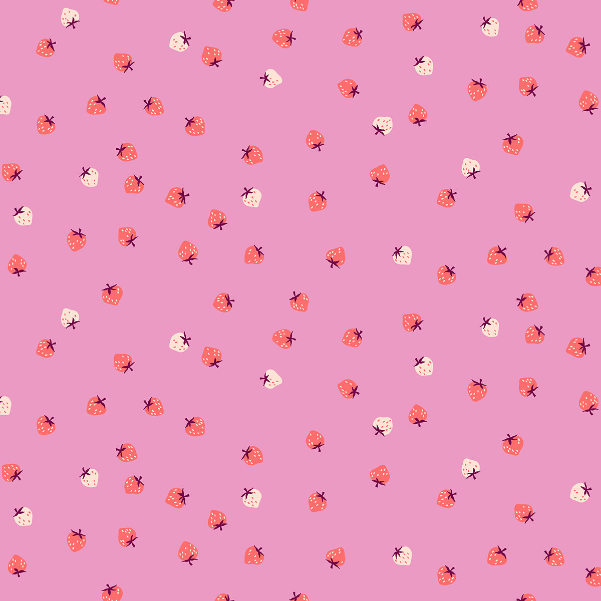 Mini Strawberry Daisy fabric by Kimberly Kight for Ruby Star Society and Moda Fabrics featuring tiny scattered coral-orange and cream strawberries on a soft daisy pink premium cotton background.