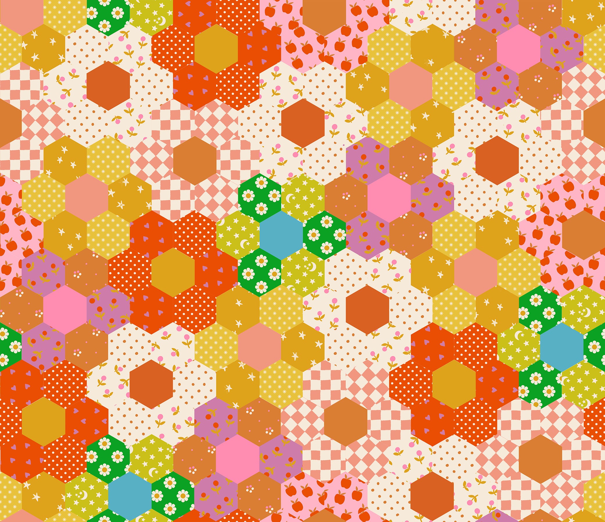 Bright colorful hexagon floral patchwork fabric with retro geometric prints by Alexia Abegg for Ruby Star Society
