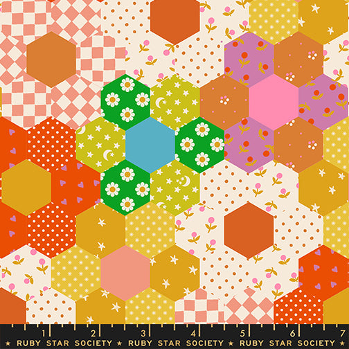 Bright colorful hexagon floral patchwork fabric with retro geometric prints by Alexia Abegg for Ruby Star Society