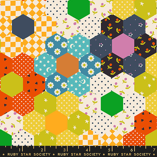 Colorful retro hexagon patchwork fabric with florals, moons, checkerboards, and geometric prints by Alexia Abegg for Ruby Star Society