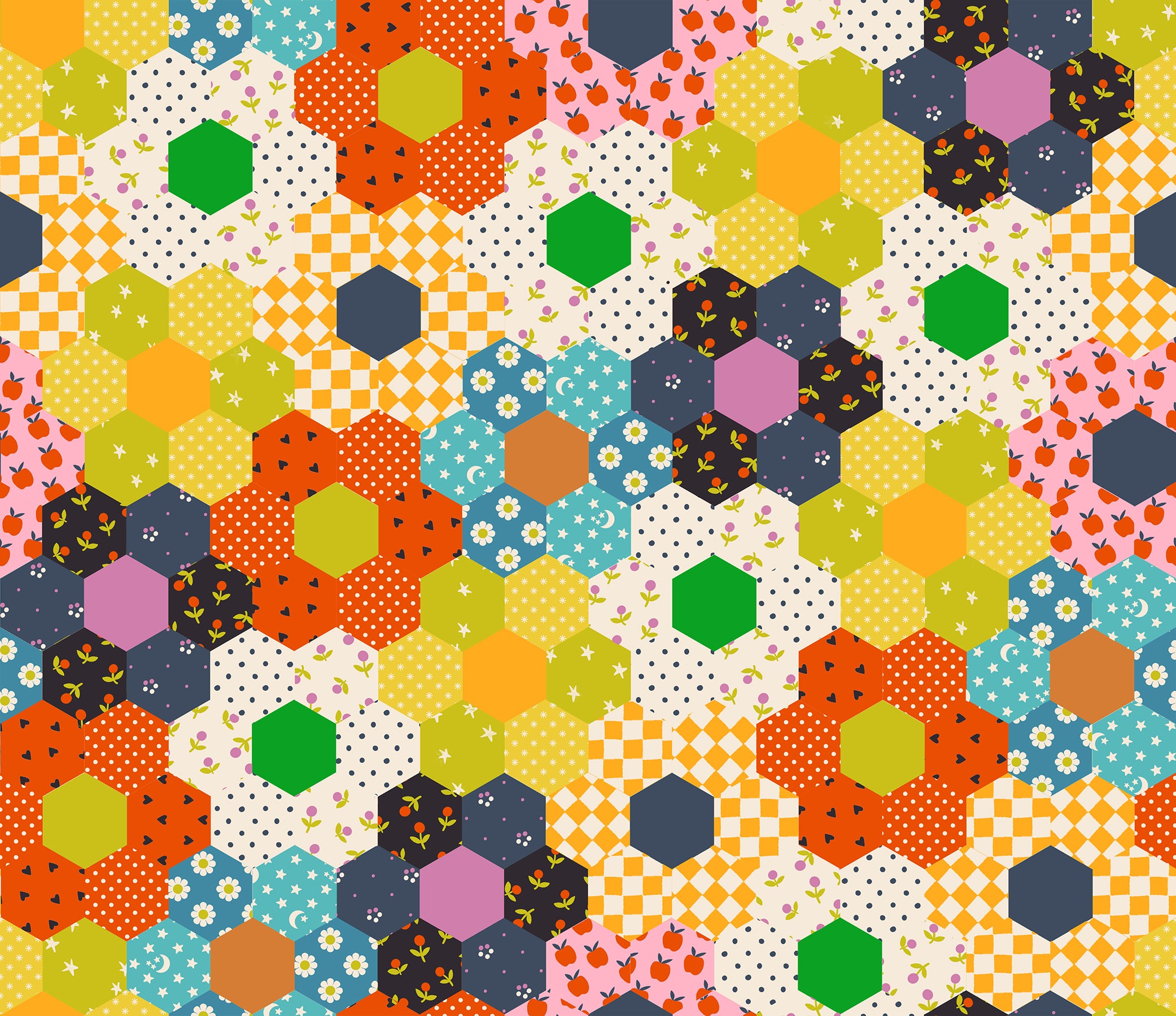 Colorful retro hexagon patchwork fabric with florals, moons, checkerboards, and geometric prints by Alexia Abegg for Ruby Star Society