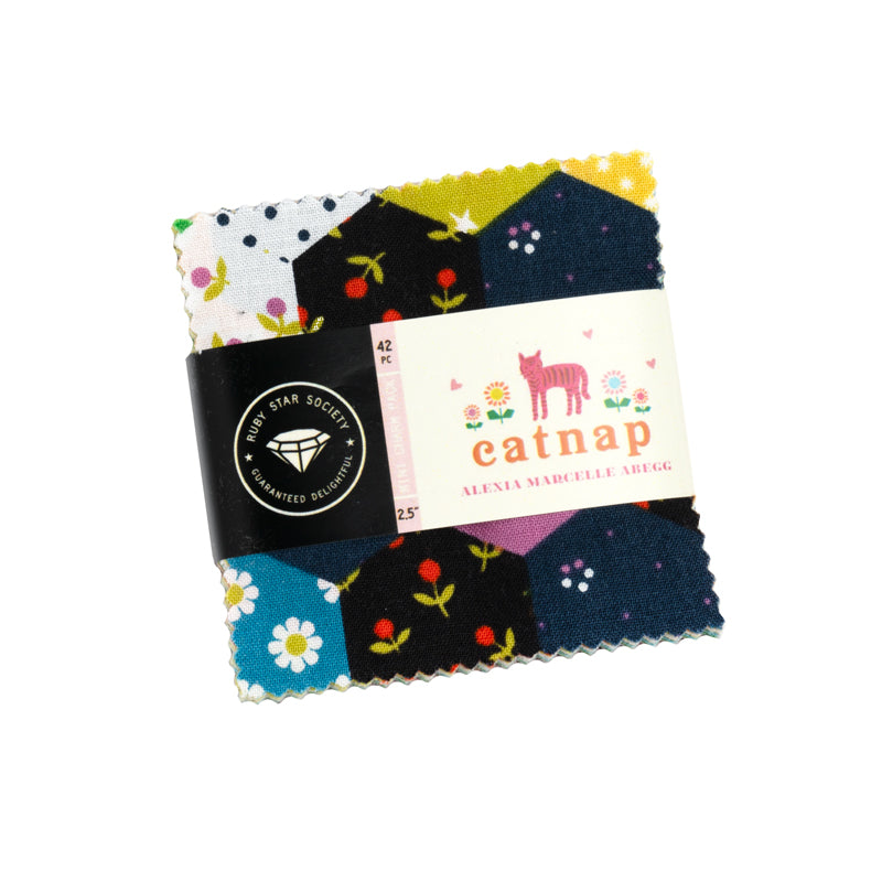 Catnap Mini Charm Pack by Alexia Abegg of Ruby Star Society for Moda Fabrics featuring 42 coordinated 2.5-inch cotton fabric squares with playful cats, florals, birds, stars, moons, cherries, and whimsical prints in vibrant colors.