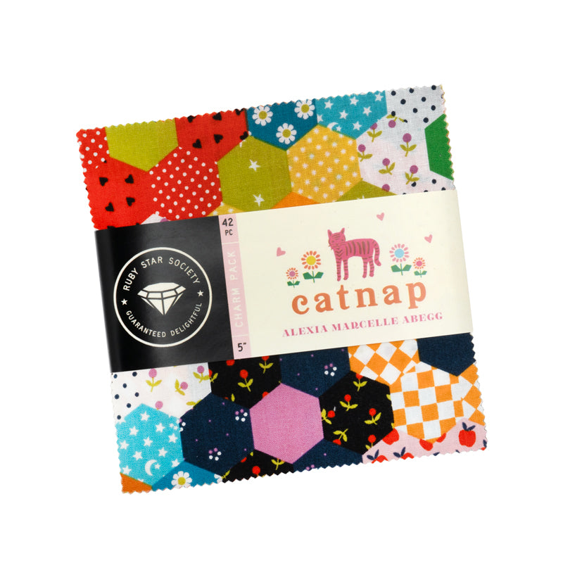 Catnap fabric collection by Alexia Abegg featuring colorful modern cat, floral, moon, and geometric prints for Ruby Star Society
