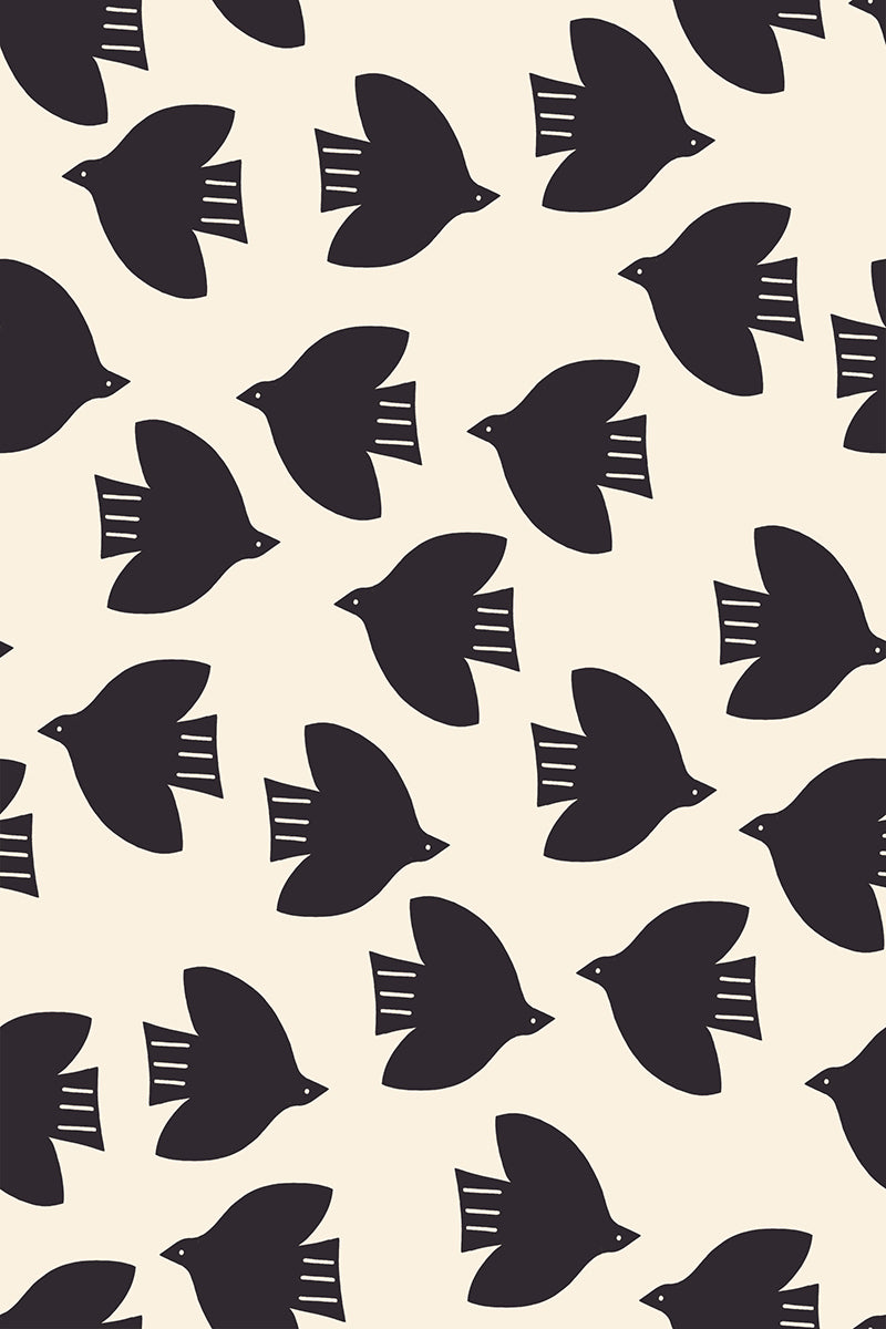 Modern black bird silhouette fabric on cream background by Alexia Abegg for Ruby Star Society